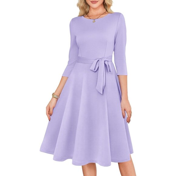 Women's Purple 3/4 Sleeve Vintage Flattering A-line Vintage Cocktail Dresses - Picture 4 of 5